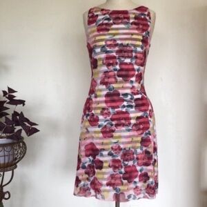 Weston Wear dress, two layers, mesh floral fabric over knit striped fabric S